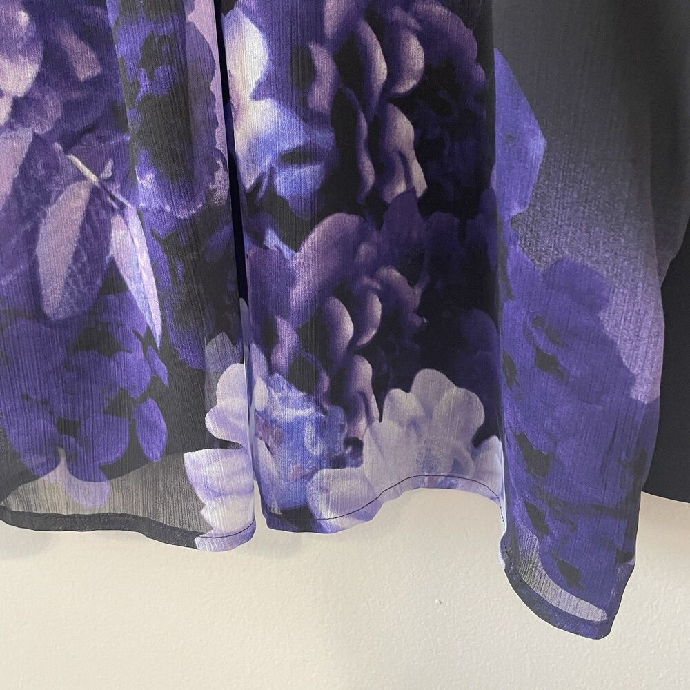 Susan Graver  Pintuck Sheer Popover Blouse XL Black Purple Floral Flowy Office - Picture 3 of 11